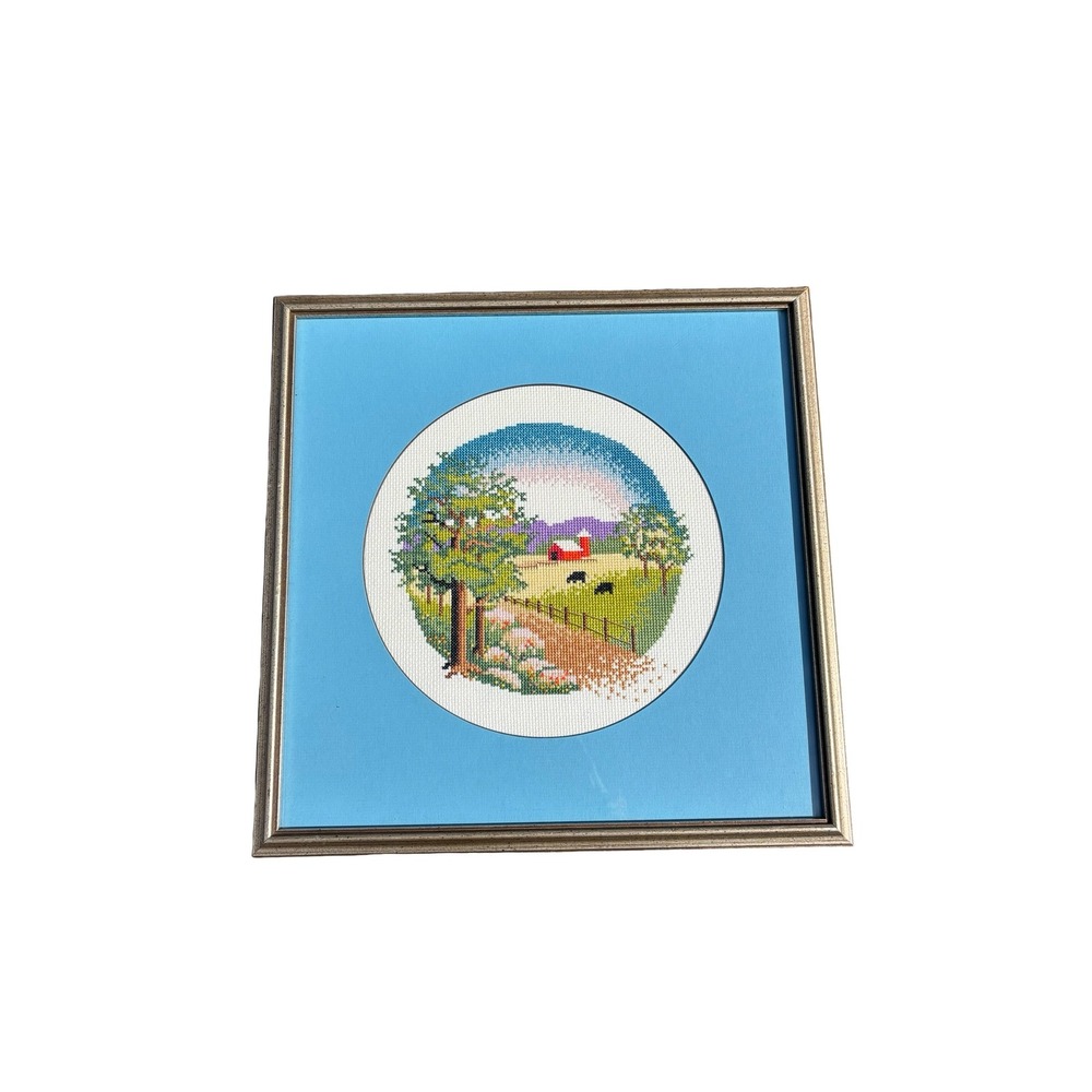 Vintage Framed Cross Stitch Farmhouse Red Barn Pastoral Scene 12x12 Blue Mat - Picture 2 of 6